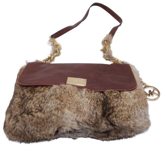 Michael Kors Shoulder Bag Purse Logo Satchel Brown Leather Rabbit Fur Messenger - Picture 1 of 12